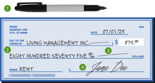 an check example with four labeled parts on ways to avoid check fraud