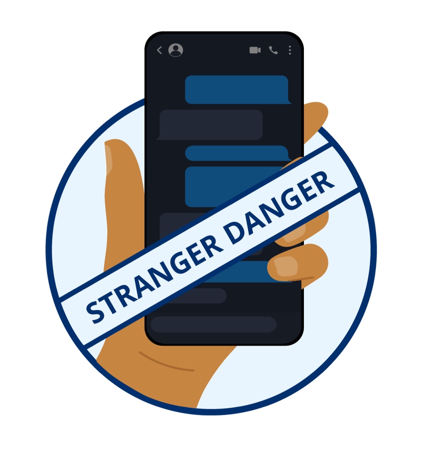 a hand holding a mobile device with a "Stranger Danger" sign