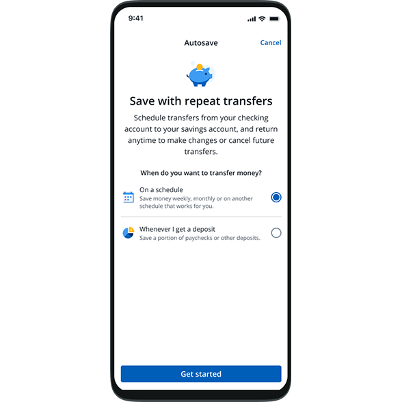 Autosave, save with repeat transfers, schedule transfers from your checking account to your savings account on schedule or whenerver you get a deposit