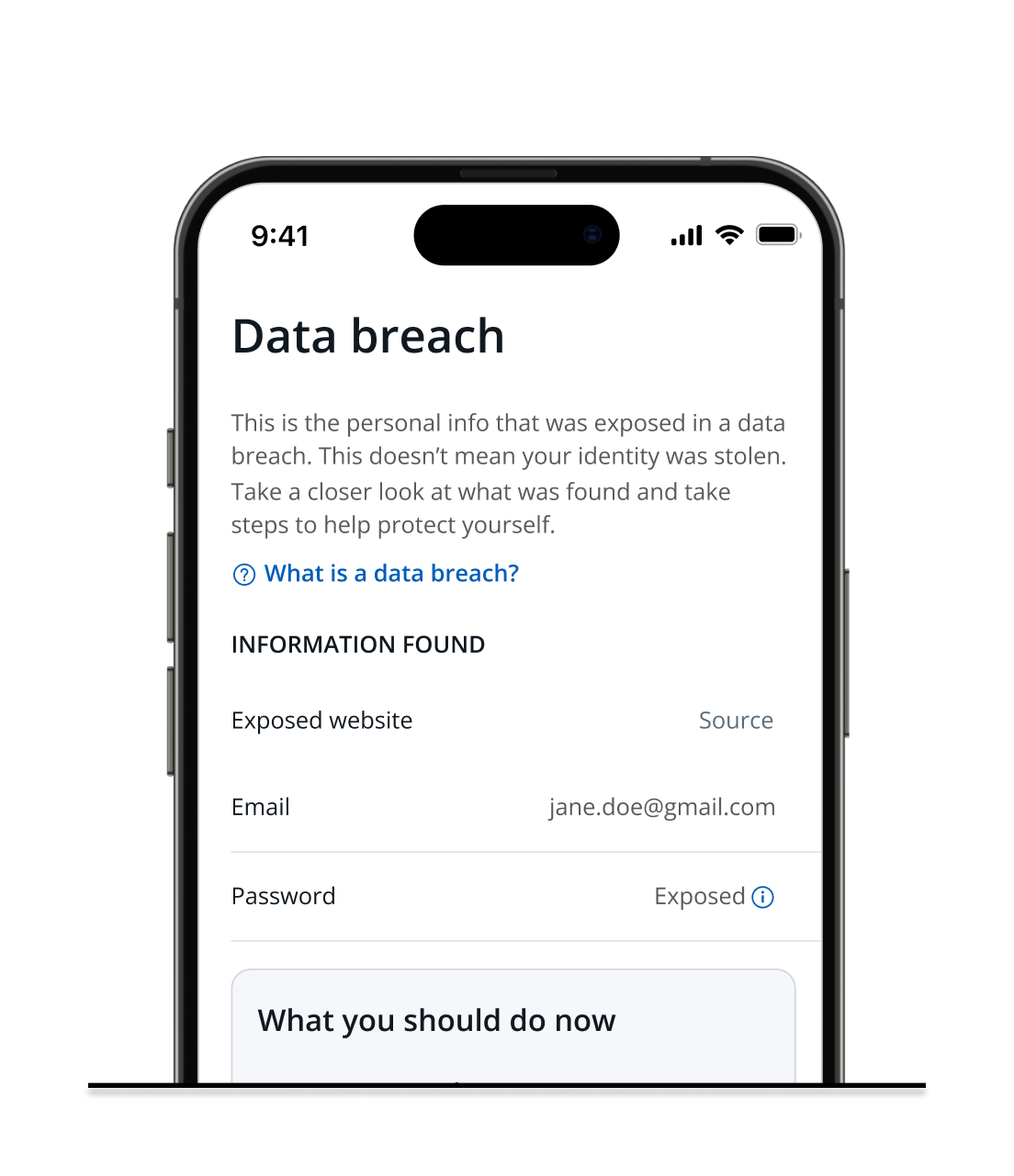 Data breach, this is the personal info that was exposed in a data breach. Info found, exposed website, email, password. What should you do know, contact FTC.