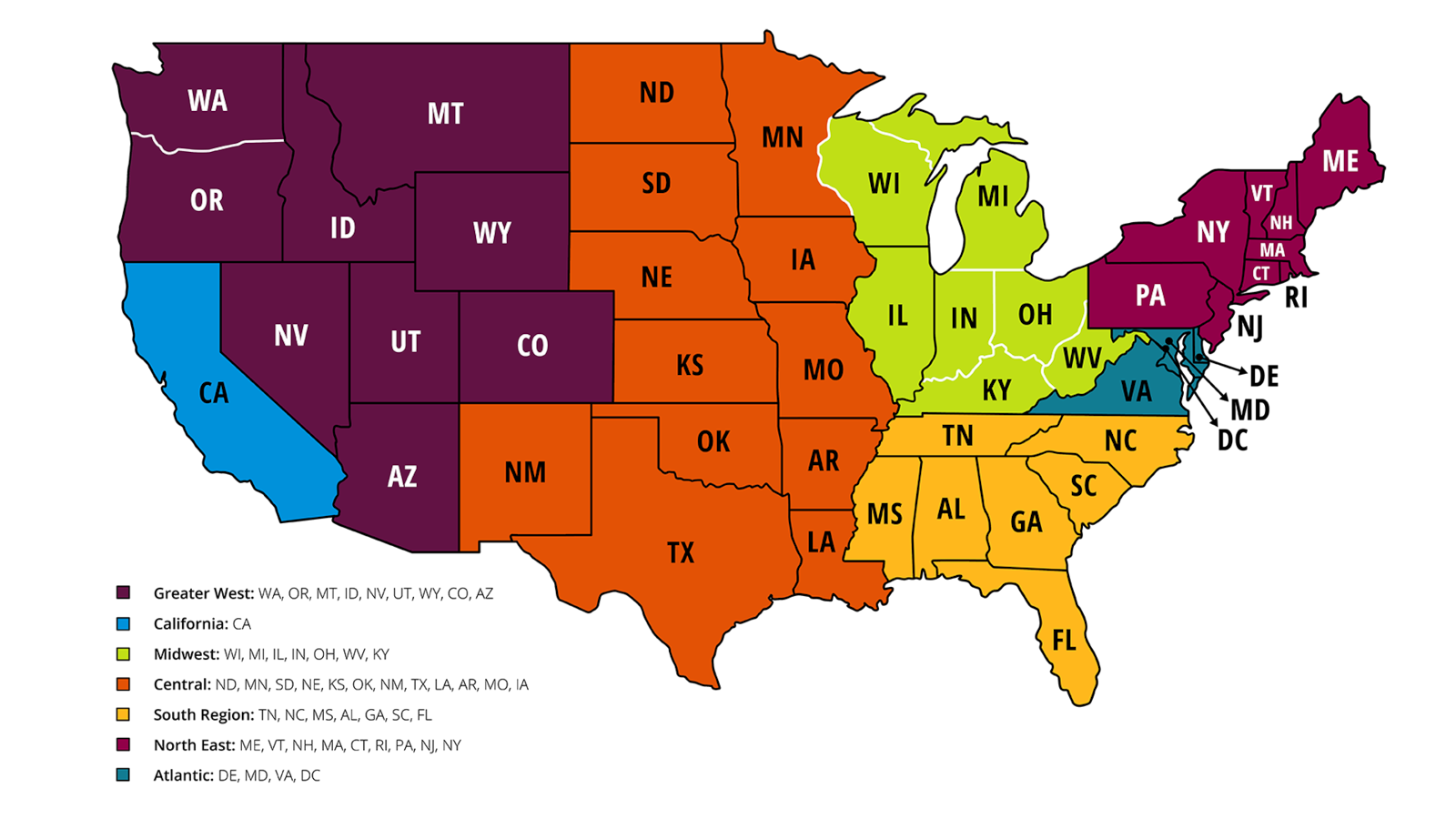 Map of United States categorized into 4 regions: Pacific Northwest, West, Central, East