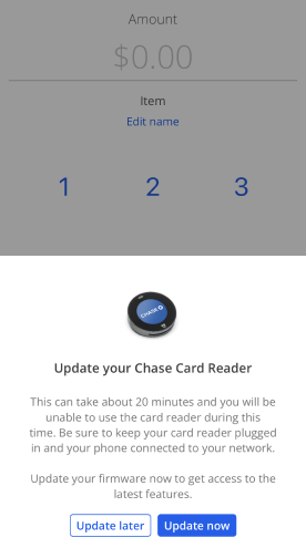 Screenshot of Chase Card Reader notice to update now or later on the New Sale screen