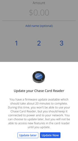 Screenshot of the Chase Card Reader notification reminder to update your reader