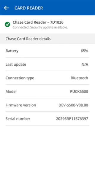 Screenshot of Chase Card Reader details screen with forget device or update firmware options