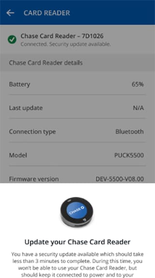 Screenshot of the Chase Card Reader notification reminder to update your reader
