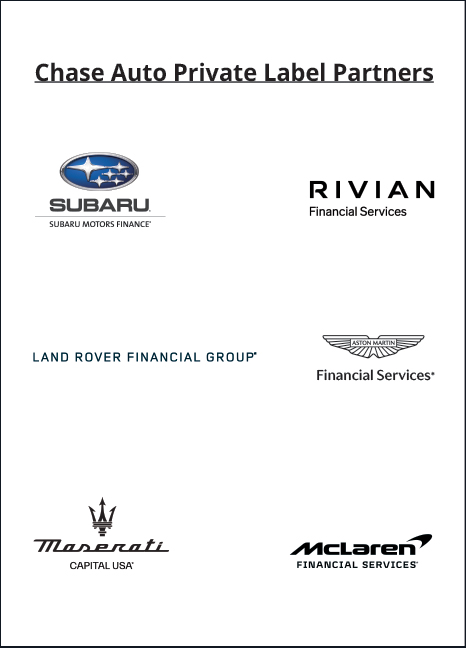 Chase Auto Private Label Partners, Subaru Motor Finance logo, Rivian Financial Services logo, Land Rover Financial group logo, Financial Services logo, Maserati Capital USA logo, McLaren Financial Services logo