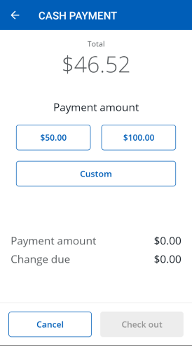 Screenshot of the cash payment screen with dollar amount and change due