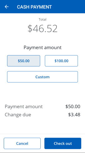 Screenshot of the cash payment screen amount selection and change due