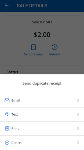 Screenshot of the prompt for sending a receipt options: Email, text, Print, and cancel