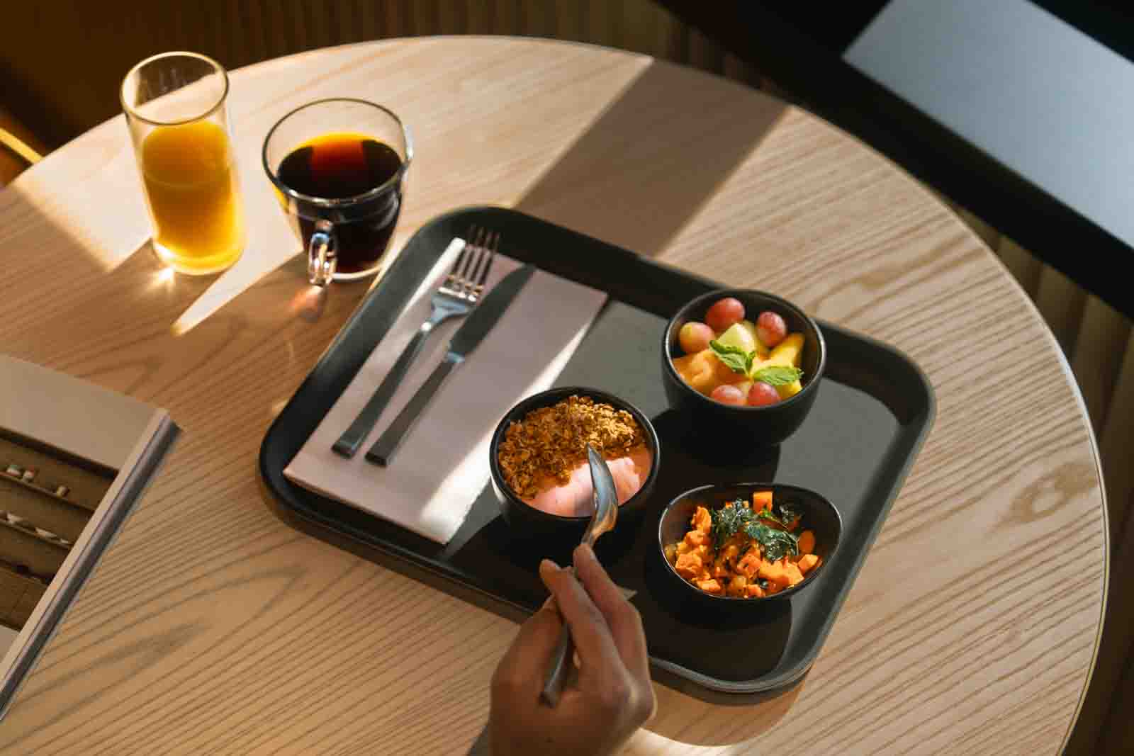 Breakfast foods on meal tray