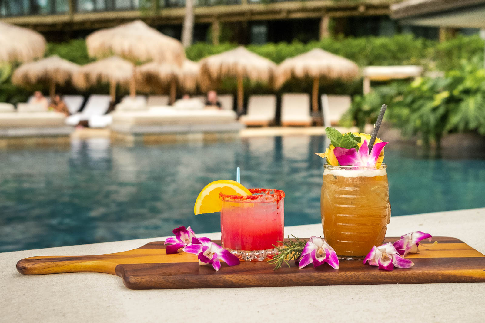 Tropical drinks by pool