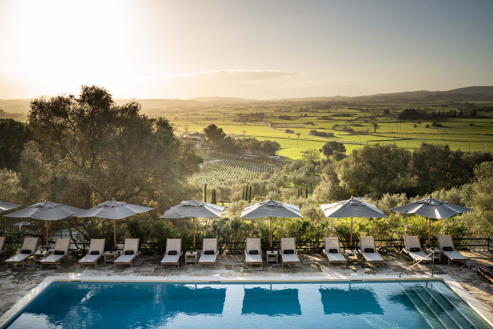 Pool with lounge chairs near large field